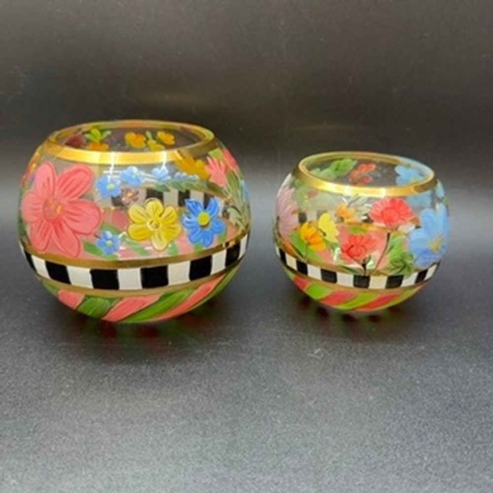 MacKenzie Childs Glass Globe Vases Flower Market Floral‎ Hand Painted Decorative